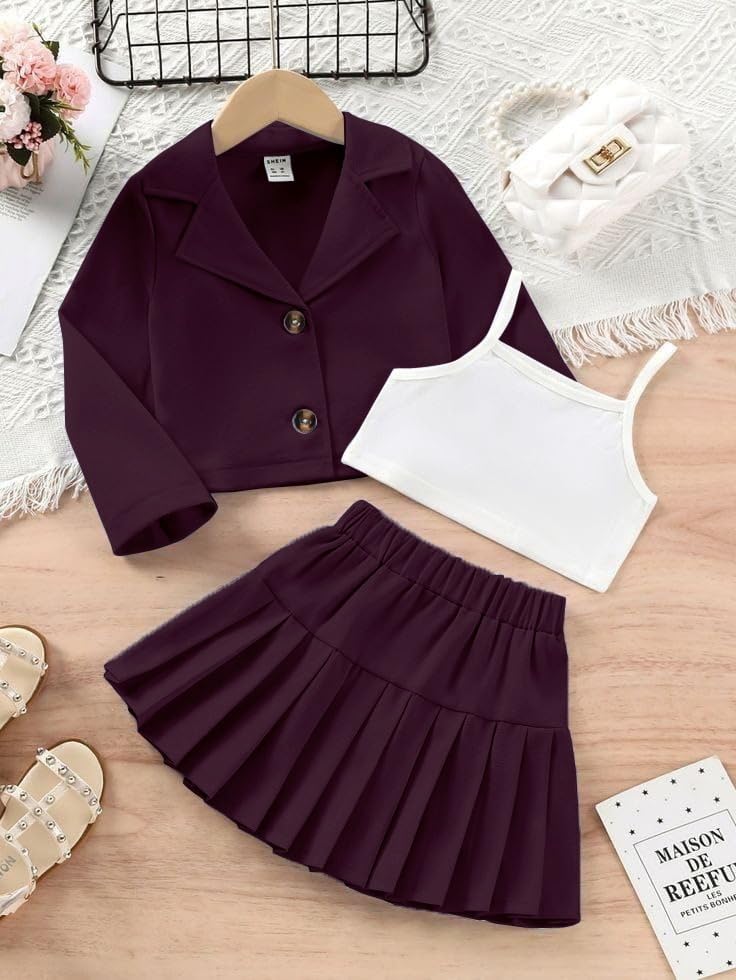 Image of Three Piece Co ord Set Dress for Girls| Jacket Top and Skirt Open Front Suits Set| Girls Clothing Set