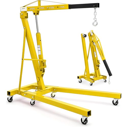 2-Ton Folding Engine Hoist Cherry Picker 4400 Lb Capacity Hydraulic Shop Crane with Telescoping Boom 6 Caster Wheels for Automotive Repair Garage Use Includes Hitch and Storage Stand Yellow
