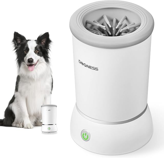 DOGNESS Automatic Dog Paw Cleaner, Portable Dog Paw Washer, Paw Cleaner Cup for Dogs with Soft Silicone Bristles, One-hand Operation, USB-charging, Designed for Small and Medium Dog Breeds(White)