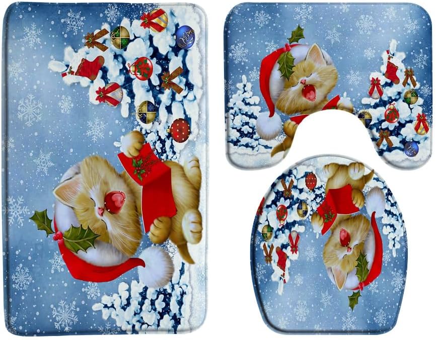 3 Piece Unisex Christmas Cat Bath Mat Set, Rectangular 17.8x29.5 Inch, Multicolor, Modern/Contemporary Style, Machine Washable, Christmas & Winter Holiday Theme