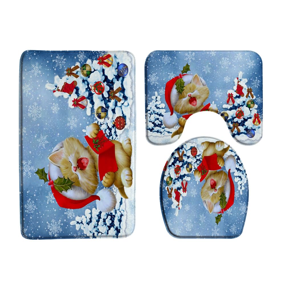 AMHNF 3 Piece Unisex Christmas Cat Bath Mat Set, Rectangular 17.8x29.5 Inch, Multicolor, Modern/Contemporary Style, Machine Washable, Christmas & Winter Holiday Theme