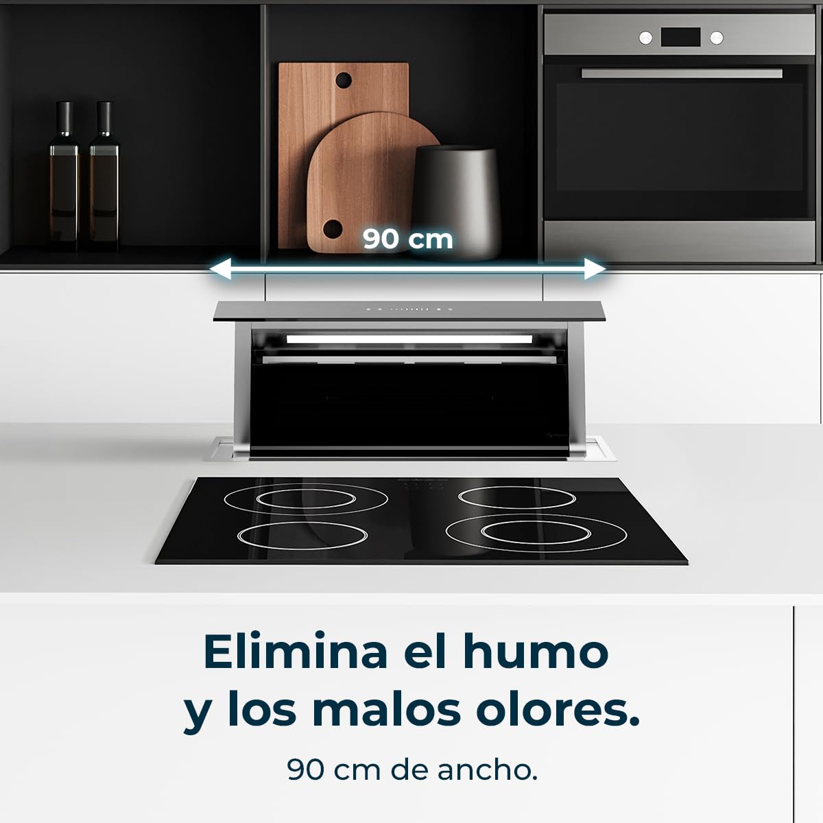 Cecotec Campana Extractora de Encimera 90m Bolero Flux ET 908000 Glass Black A++. 210W, Succión 800m3/h, 8 Velocidades, Slider Touch Control, Filtro Carbono, Acabado en Cristal Negro