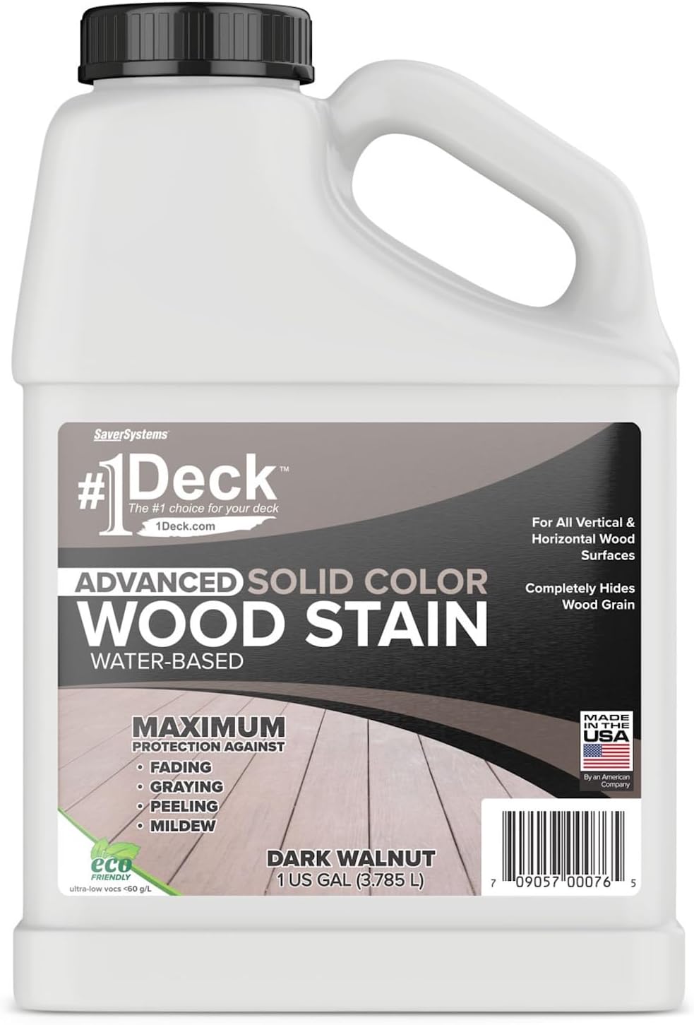 #1 Deck Premium Advanced Solid Color Outdoor Wood Stain and Sealer in One – Water Based Sealant for Wood Decks, Fences, & Siding - 1 Gal - Made in USA - Dark Walnut