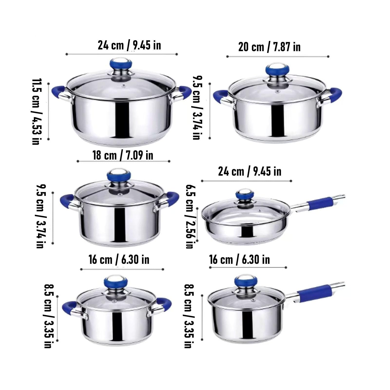 SUNGOOYUE Juego de Ollas de Acero Inoxidable Juego de Utensilios de Cocina de Acero Inoxidable 6 Ollas Base de Triple Capa, Cacerolas para Estufas de Inducción Eléctricas de Gas Universales (BLUE)