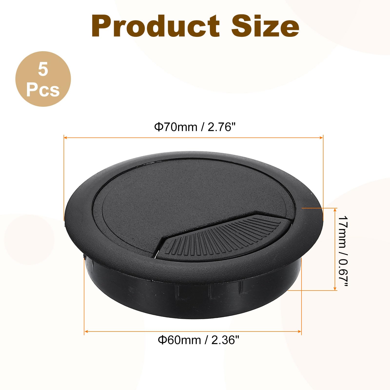 uxcell 5 Pcs 60mm (2.36 Inch) Desk Grommet, Plastic Cable Hole Cover, Wire Cord Cable Organizer for Home Office Computer Desk Cabinet, Black