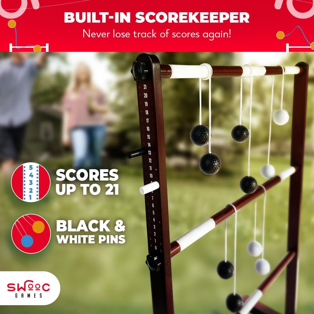 SWOOC Games - Premium Wooden Ladder Ball Game Set (Weather Resistant) - 10 Games Included & Carrying Case - Easy, No Tool Assembly - Ladder Toss Outdoor Game - Hillbilly Golf Backyard Fun image 5 of 6 B0B8QZ24VN