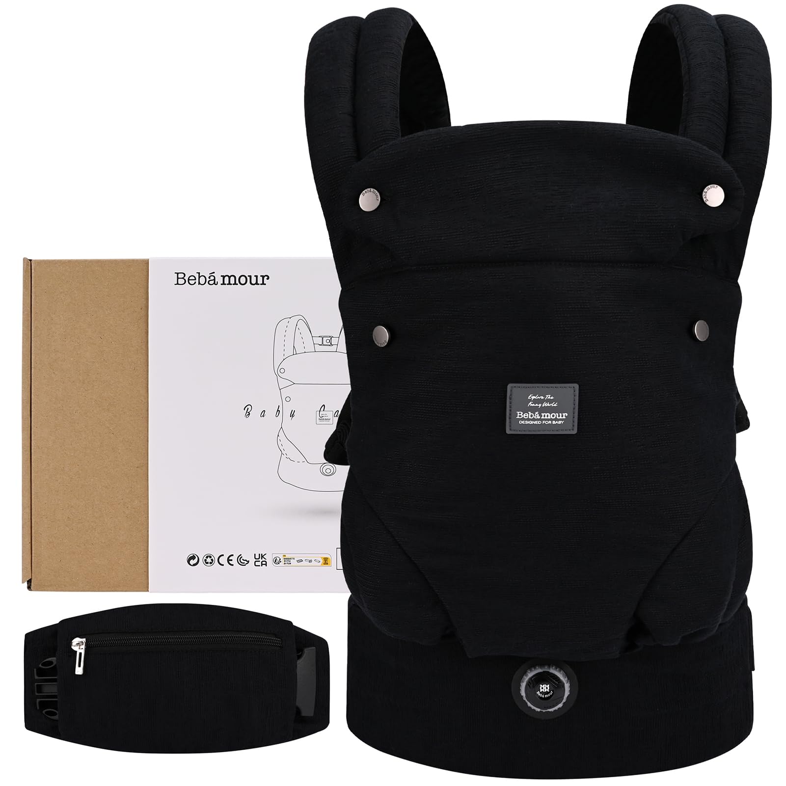 Bebamour Baby Carrier Ergonomic Cotton, Front & Back Carry, Adjustable Infant Carrier 3.6-14.9kg, Comfortable Babywearing, Black - Image 2