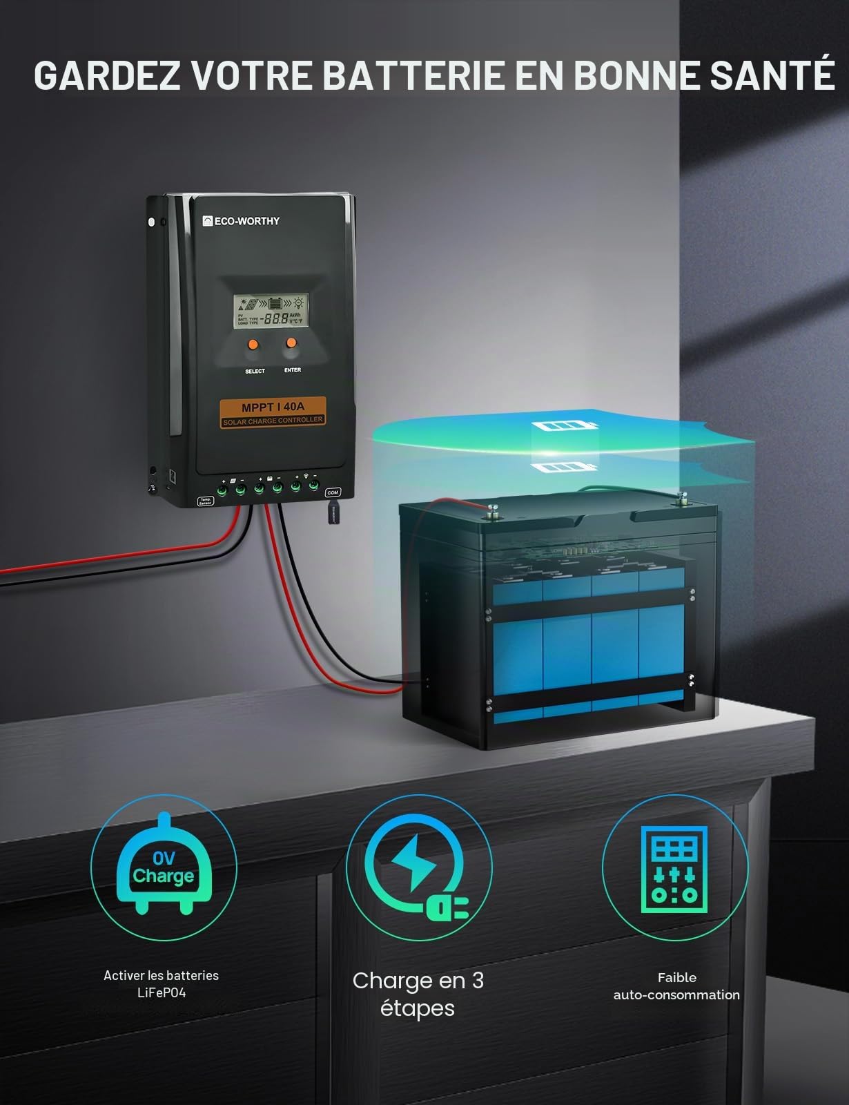 ECO-WORTHY Regulateur de Charge Solaire MPPT 40A, 12V/24V Contrôleur de Charge Solaire avec écran LCD, Moniteur d'application Bluetooth et RS485, 99 % d'efficacité pour Batterie lIFePO4 GEL SLA FLD