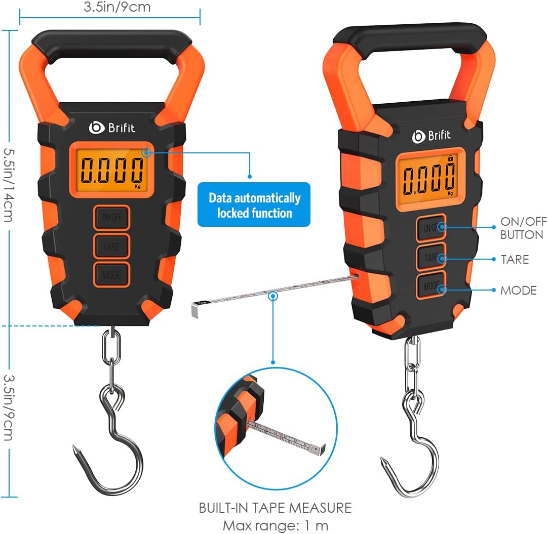 AMIR Digital Fishing Scale with Ruler, 15g/50kg Electronic Digital Luggage Scale, 110lb Max Fishing Postal Hanging Hook Scale with Measuring Tape, Backlit LCD Display (Batteries Included)