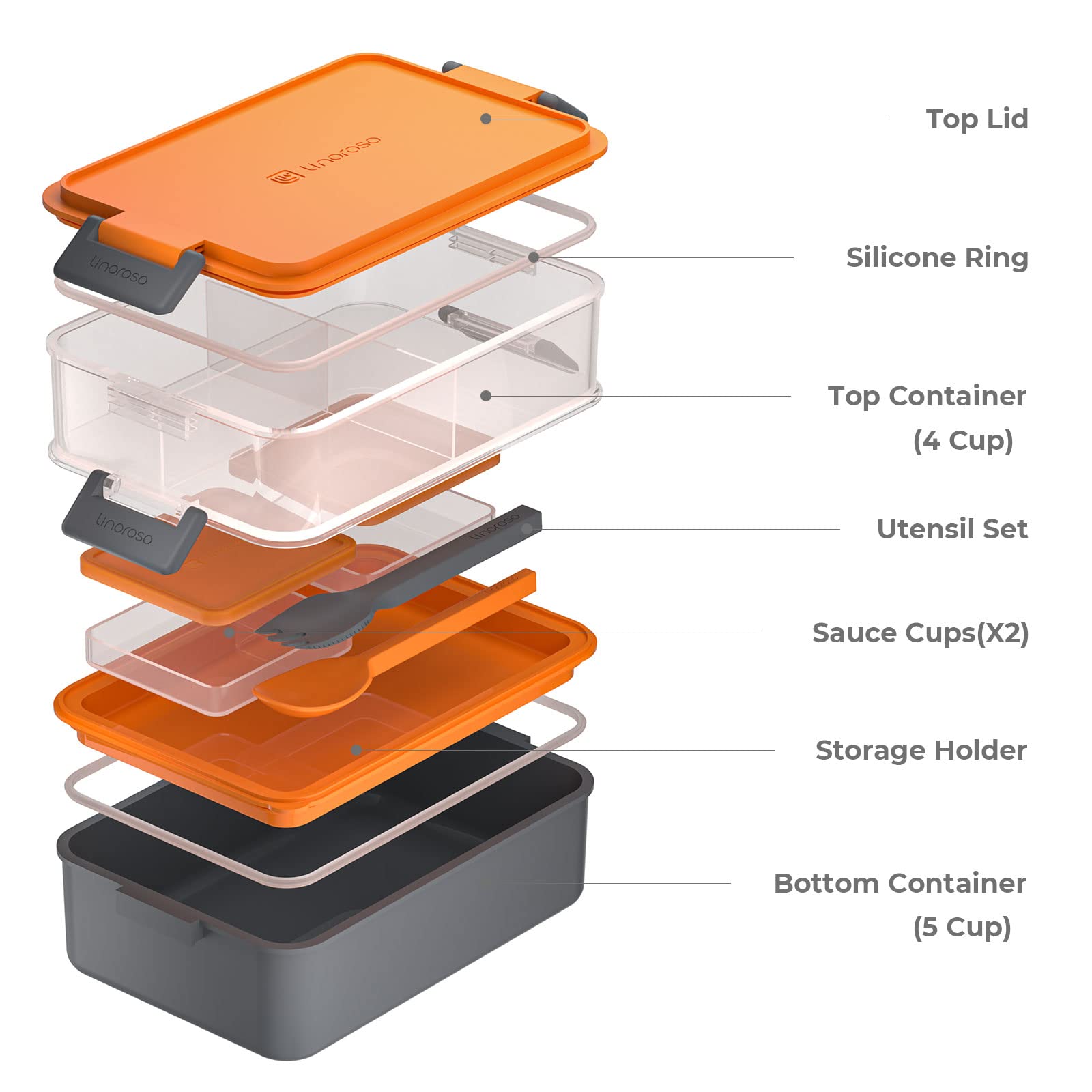 Linoroso Lunchbox Erwachsene Brotdose mit 3 Fächern Bento Box mit Soßenbehälter und Geschirr Lunch Box für Mikrowelle und Spülmaschine Kunststoff BPA-frei Als Frühstücksbox Jausenbox Salatbox - Orange