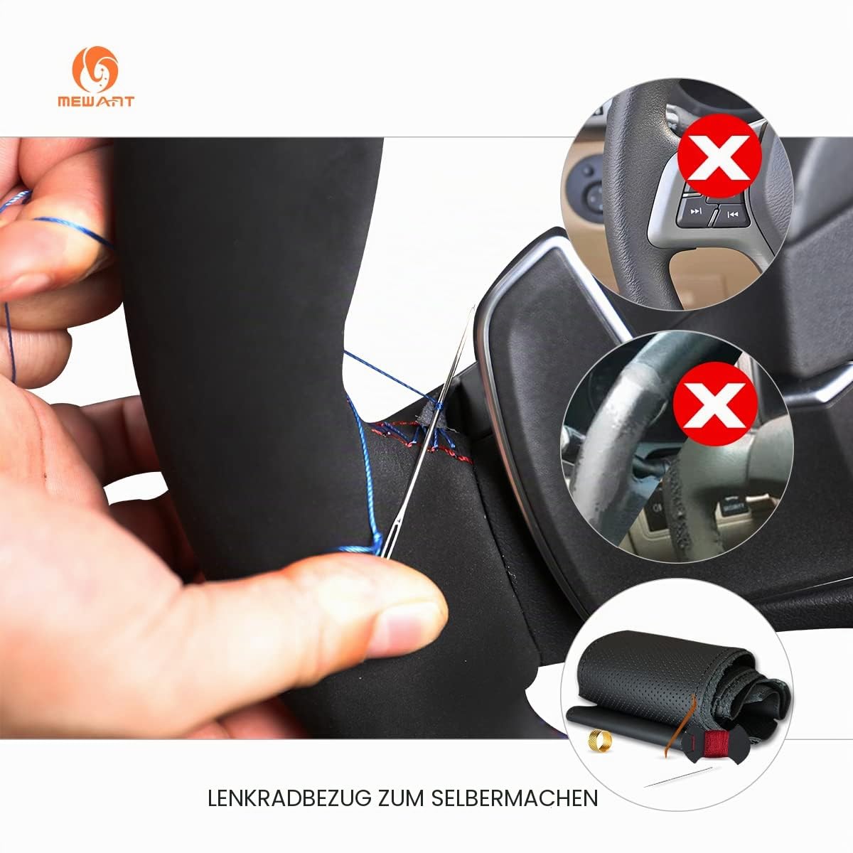 MEWANT Passgenauer Lenkradbezug zum Nähen für BMW X3 | BMW X3 E83 2007-2010 / X5 E53 2000-2006 / Lenkradzubehör / BMW X3 X5 / schwarzem Mikrofaser-Leder Atmungsaktiv Langlebig