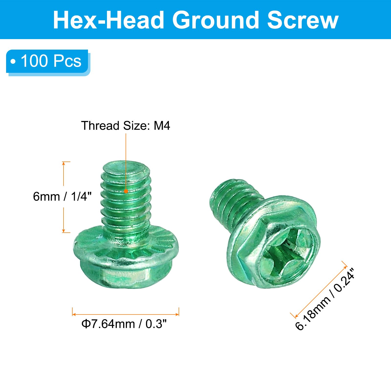 PATIKIL M4 x 6mm Thread Ground Screws, 100 Pack Green Electrical Grounding Screw Hex Phillips Head Flanged for Home Electrical Lamp - Image 2