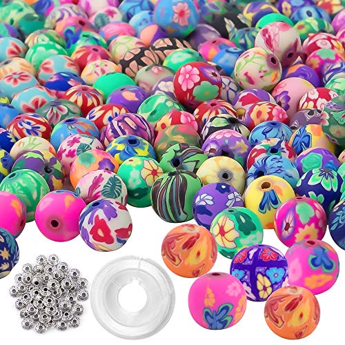 Quefe 300pcs Round Clay Beads, Colorful Clay Beads, Handmade Loose Beads with 50pcs Spacer Beads and Crystal String for Jewelry Making (10mm)