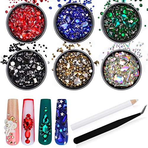 MRTREUP 6 Colors Multi Shapes Rhinestones for Nails Crystals Nail Art Kit with Green AB Red Blue Gold Black Rhinestones Picking Pen Tweezer 3D Nail Diamonds Charms for Nail DIY Craft Makeup Jewelry