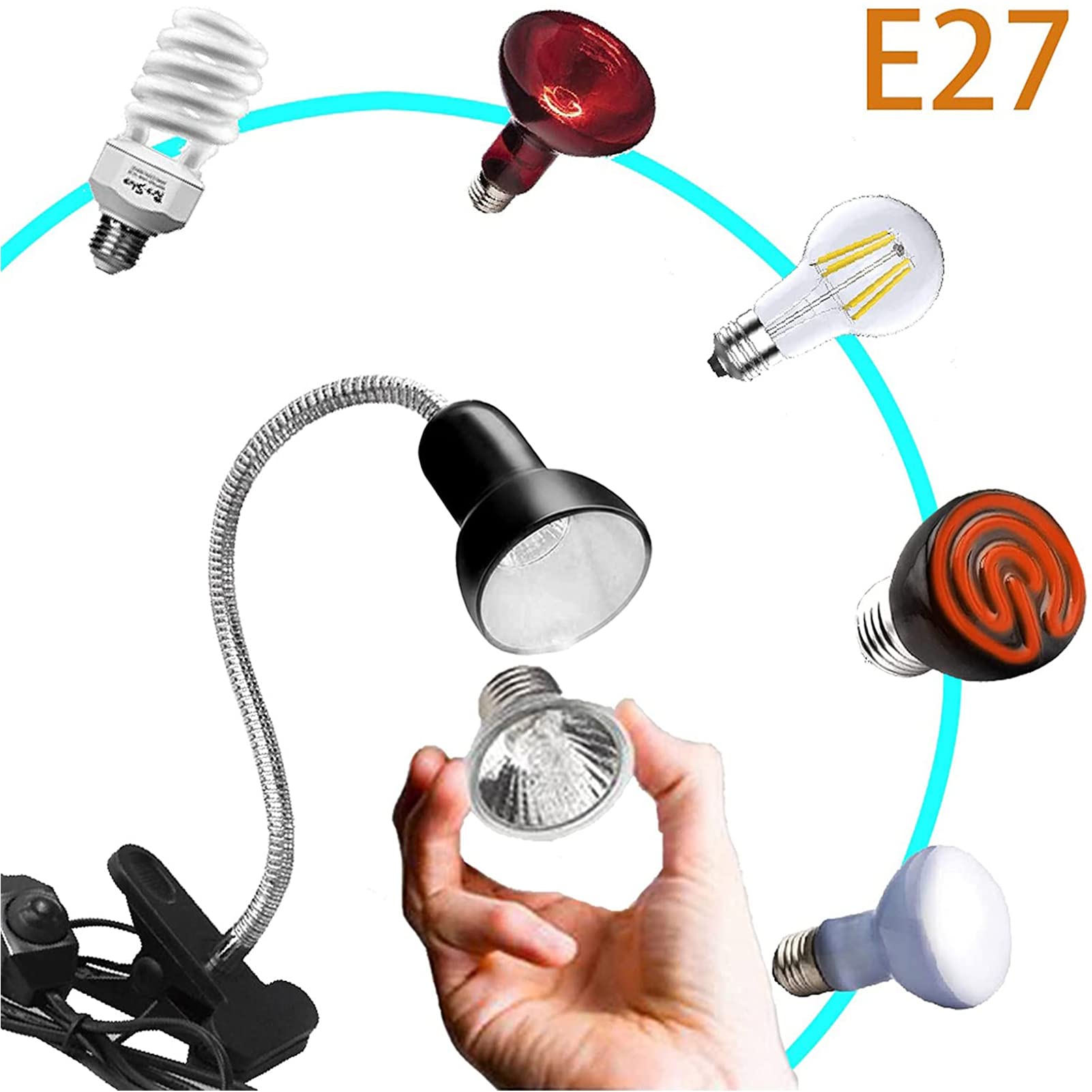 Lampe chauffante Tortue, Lampe chauffante avec Cou Rotatif à 360 ° pour Reptiles, Projecteur Thermique E27 UVA + UVB pour Reptiles d'aquarium/lézards/Tortues/Serpents (Noir)