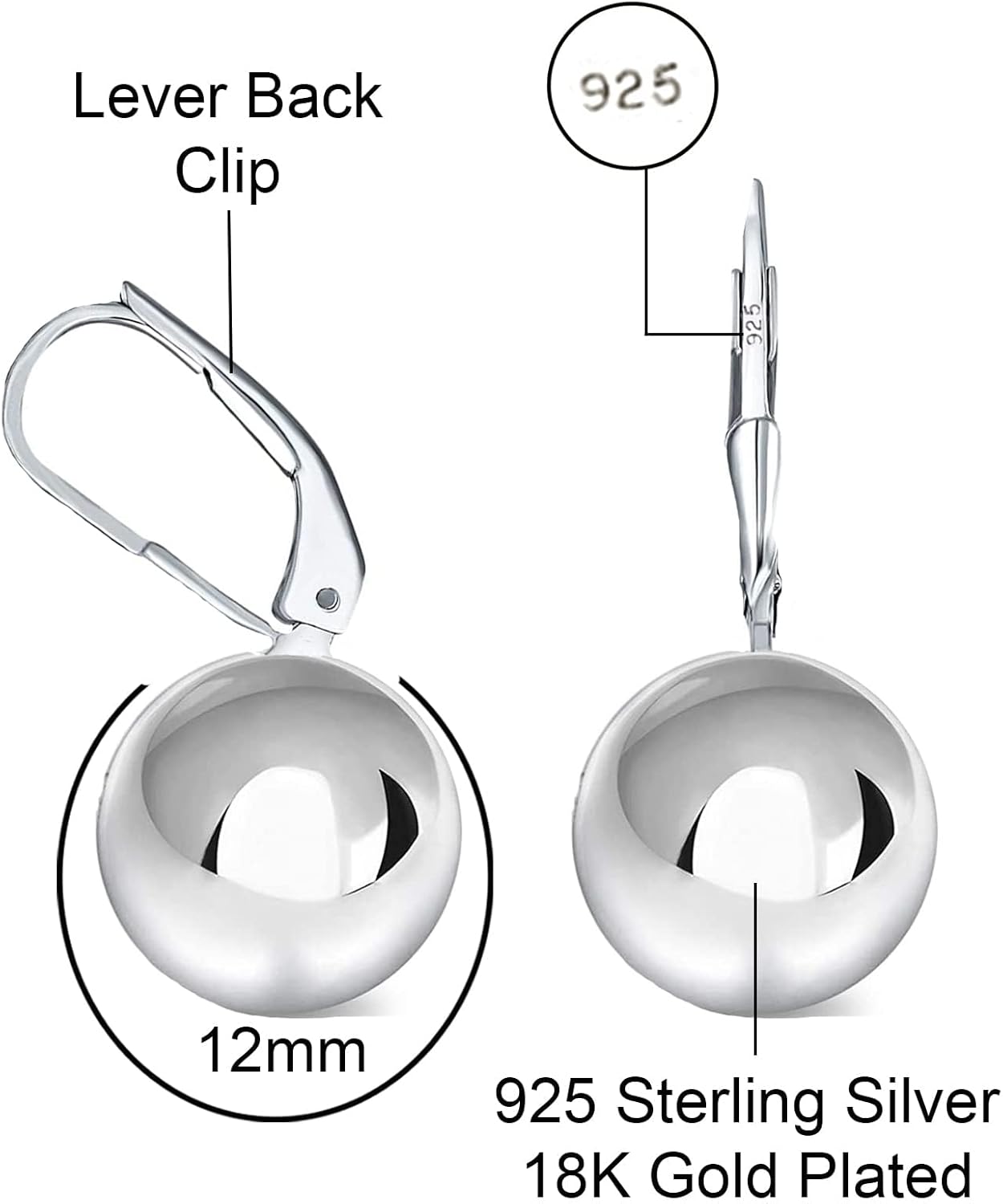 Savlano 925 Sterling Silver Classic Leverback Round Bead Ball Drop Earrings - 18K Gold Plated Bead Ball Earrings for Women Available in 6MM, 8MM, 10MM, 12MM - Made in Italy Comes With Savlano Gift Box - Image 3