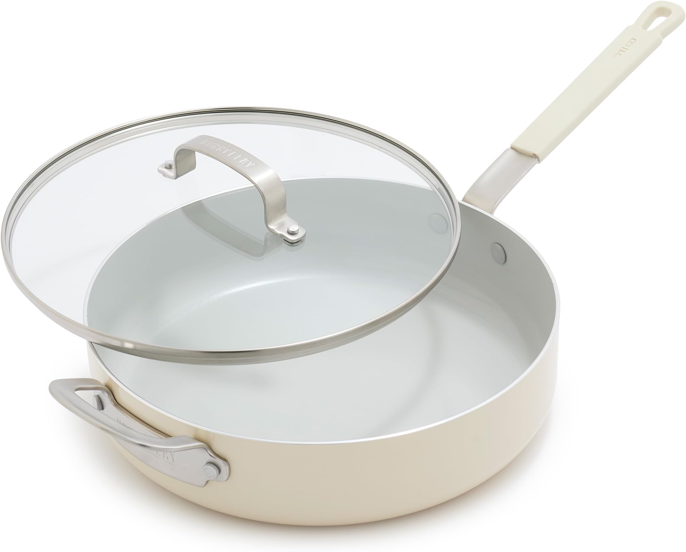GreenPan x Bobby Flay 4.5QT Sauté Pan with Glass Lid, Professional Grade Aluminum, PFAS & PFOA-Free Ceramic Nonstick, Induction Suitable, Stay-Cool Silicone Handle, Dishwasher & Oven Safe, Cream