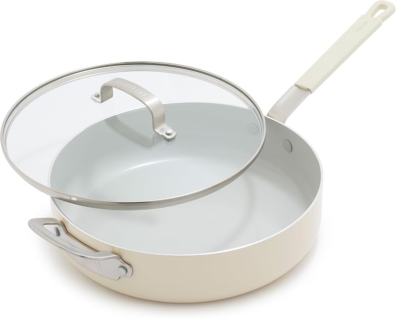 x Bobby Flay 4.5QT Ceramic Nonstick Sauté Pan with Lid, Cream | PFAS-Free Diamond Ceramic Nonstick Jumbo Pan, Silicone Handle, Induction & All Stovetop Compatible, Dishwasher and Oven Safe