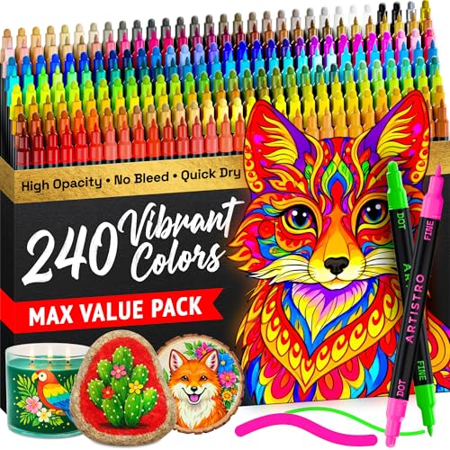 Image of ARTISTRO 240 Precision Dual-Tip Acrylic Paint Markers - Paint Pens Set with Dot & Fine Tips for Fabric, Rock, Glass, Wood, Coloring Books - Arts & Crafts Gift - Classroom Must Haves & School Supplies