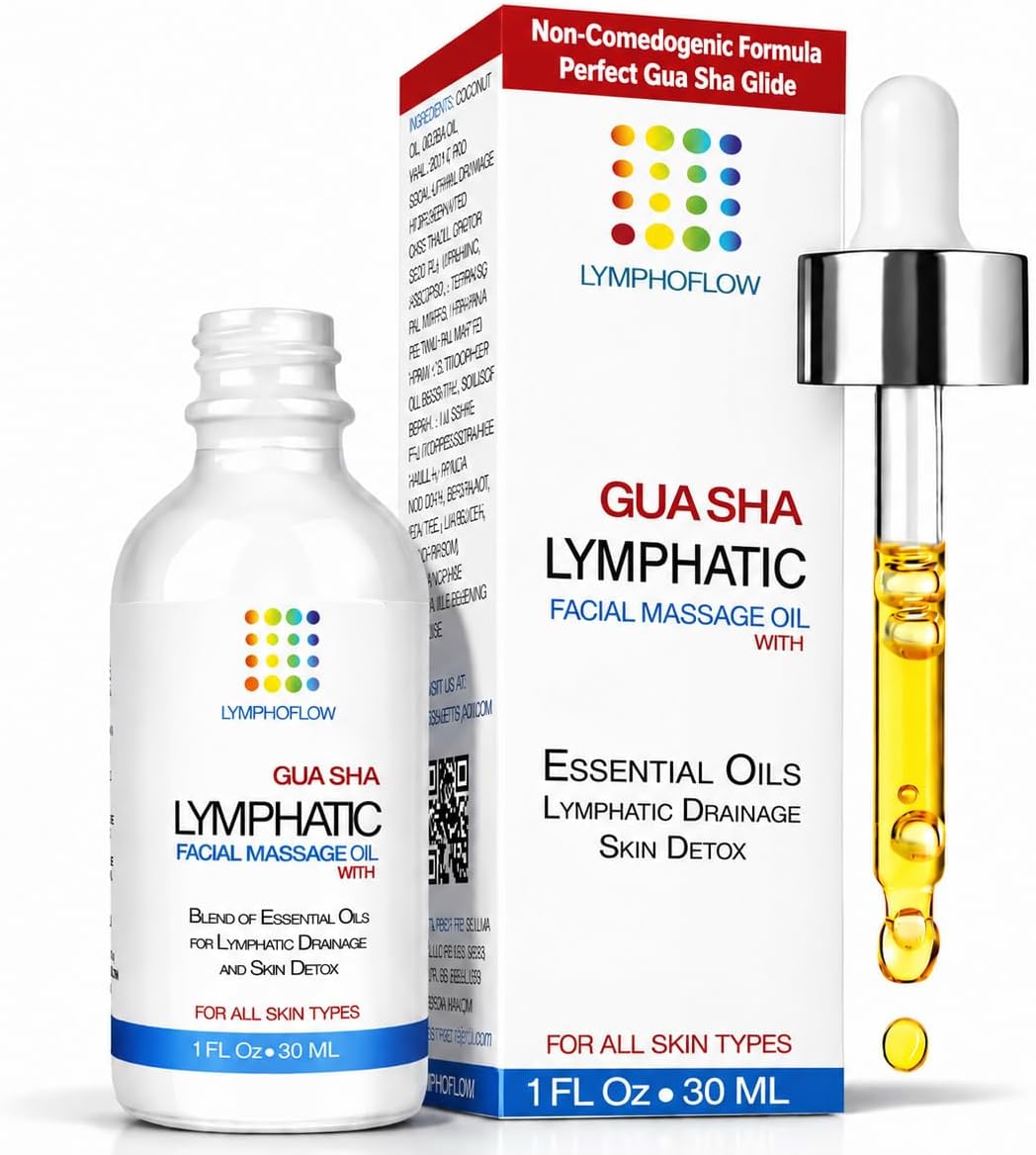 Facial Lymphatic Drainage Oil for Gua Sha Massage: Blend of Lymphatic Essential Oils with Jojoba and Coconut Oils I For face Jade Roller, quartz gau sha set and other facial tools I 1FlOz I by