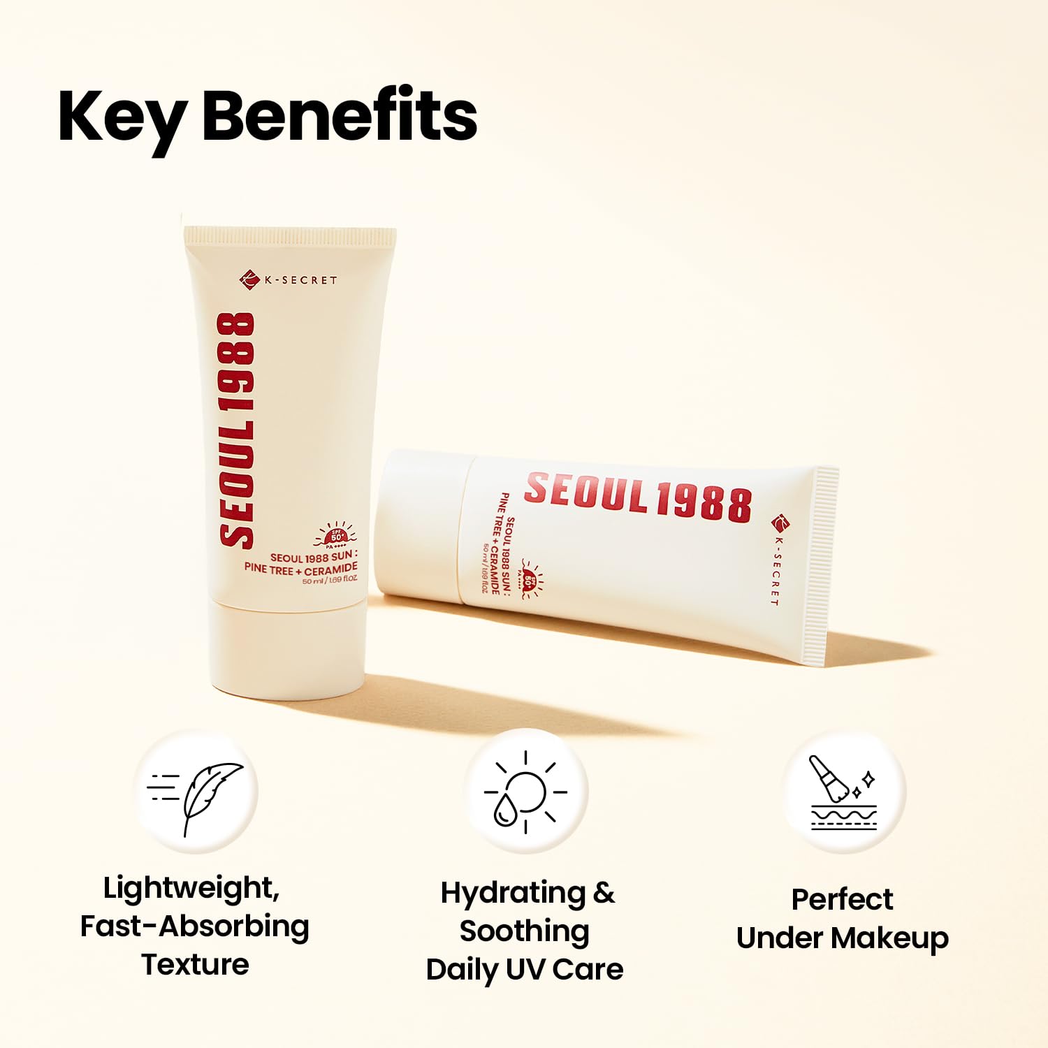 KSECRET Seoul 1988 Sun Krem do twarzy z filtrem SPF 50 z ekstraktem z sosny i ceramidami – Wysoka ochrona UV, lekka formuła, nawilżający, 50 ml
