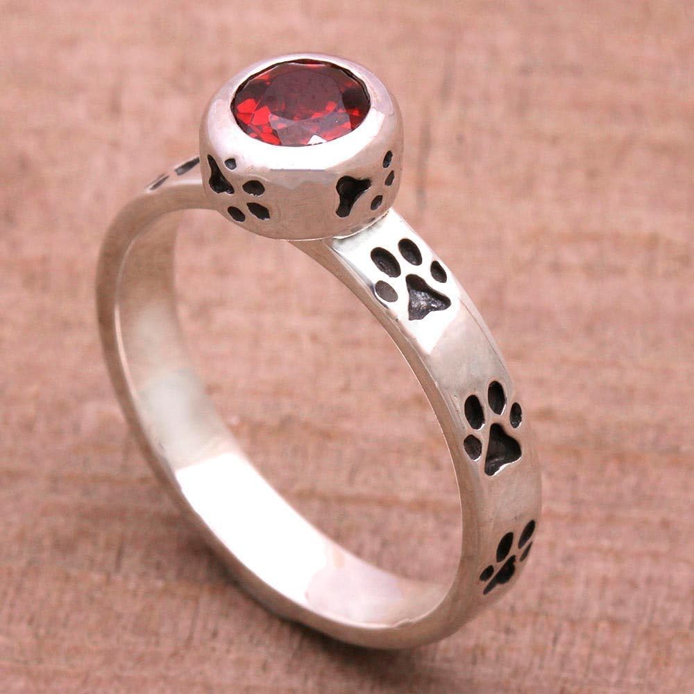 NOVICA Artisan Handmade Garnet Single Stone Ring .925 Sterling Silver from Bali Red Indonesia Animal Themed Birthstone Dog 'Paws for Celebration'