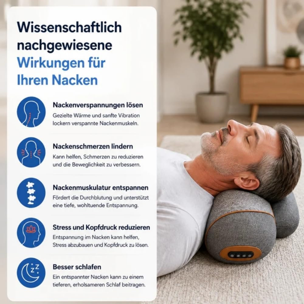 Wirbelfrei – 3 in 1 Nackenkissen mit Traktion, Wärme & Vibrationsmassage, Ergonomisches Memory Foam