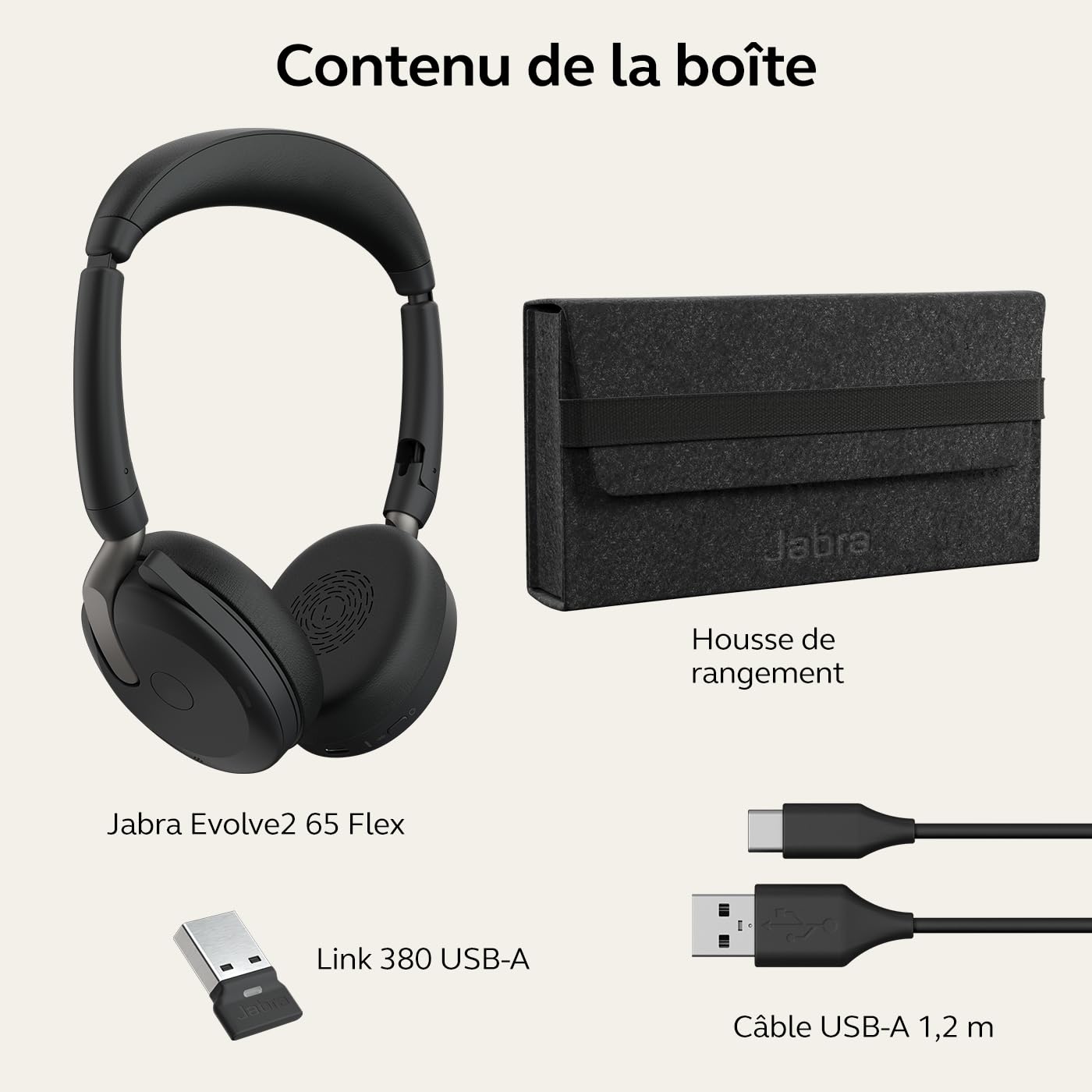 Jabra Evolve2 65 Flex - Micro-Casque stéréo sans Fil Bluetooth avec Technologie à réduction de Bruit ClearVoice et ANC Hybride - Compatible avec Les principales Plateformes UC - Noir