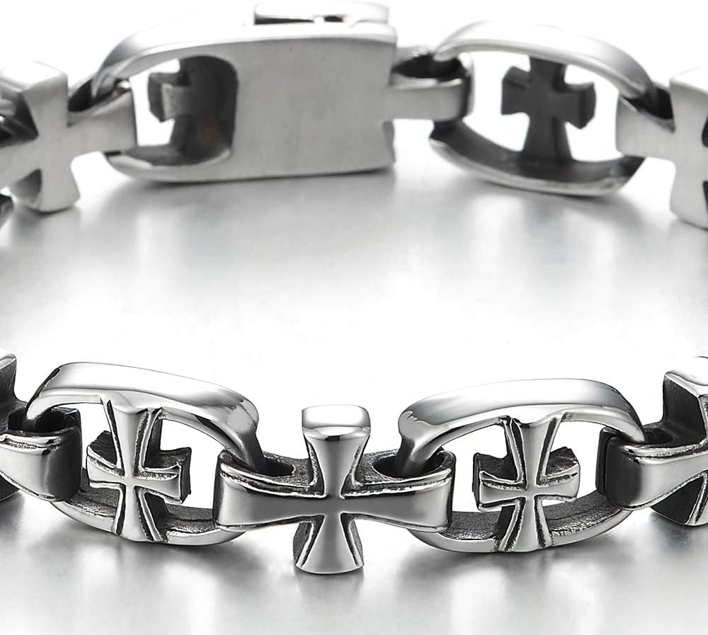 COOLSTEELANDBEYOND Exquisite Stainless Steel Cross Link Chain Bracelet for Men, Rock Punk Biker Faith