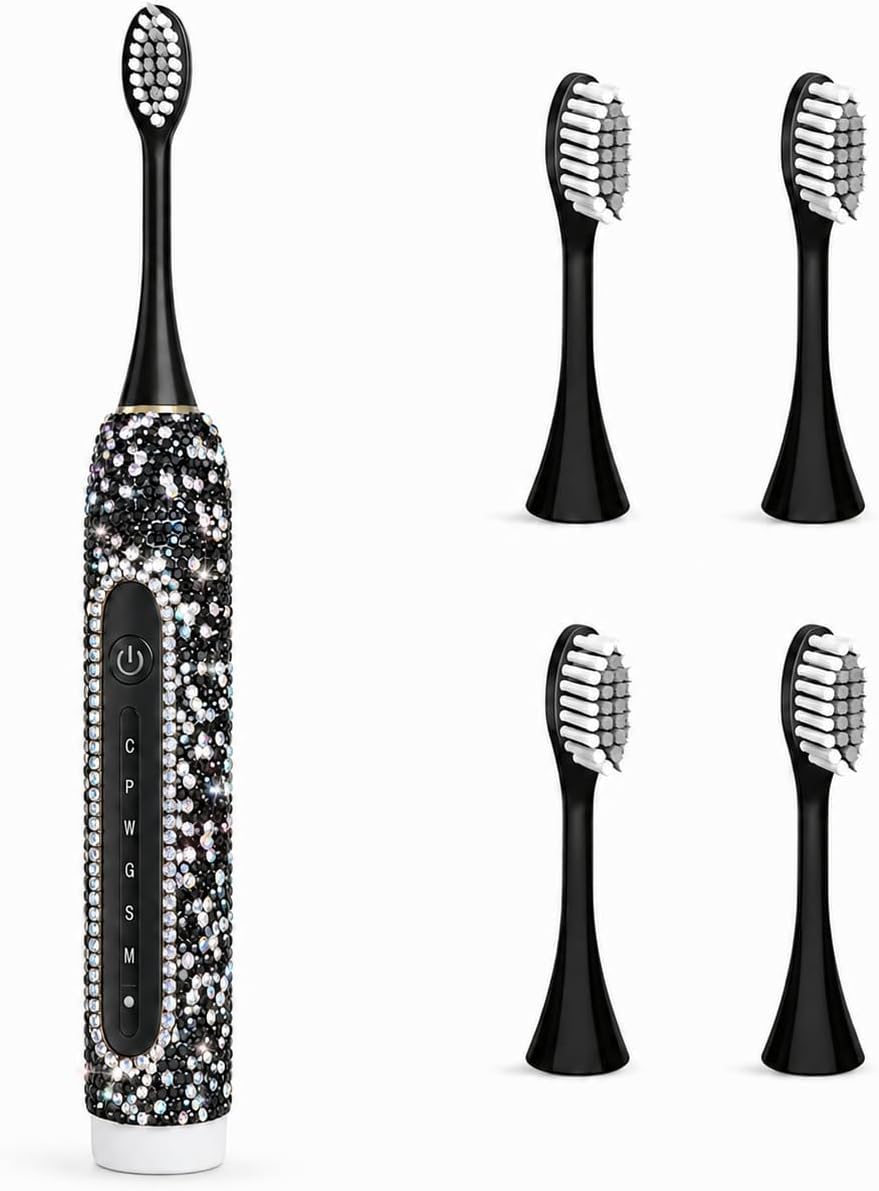 Sonic Electric Toothbrush for Women, Black Rhinestone Bling Design, 6 Brushing Modes, Rechargeable Toothbrush with 3 Replacement Heads for Travel & Gifts