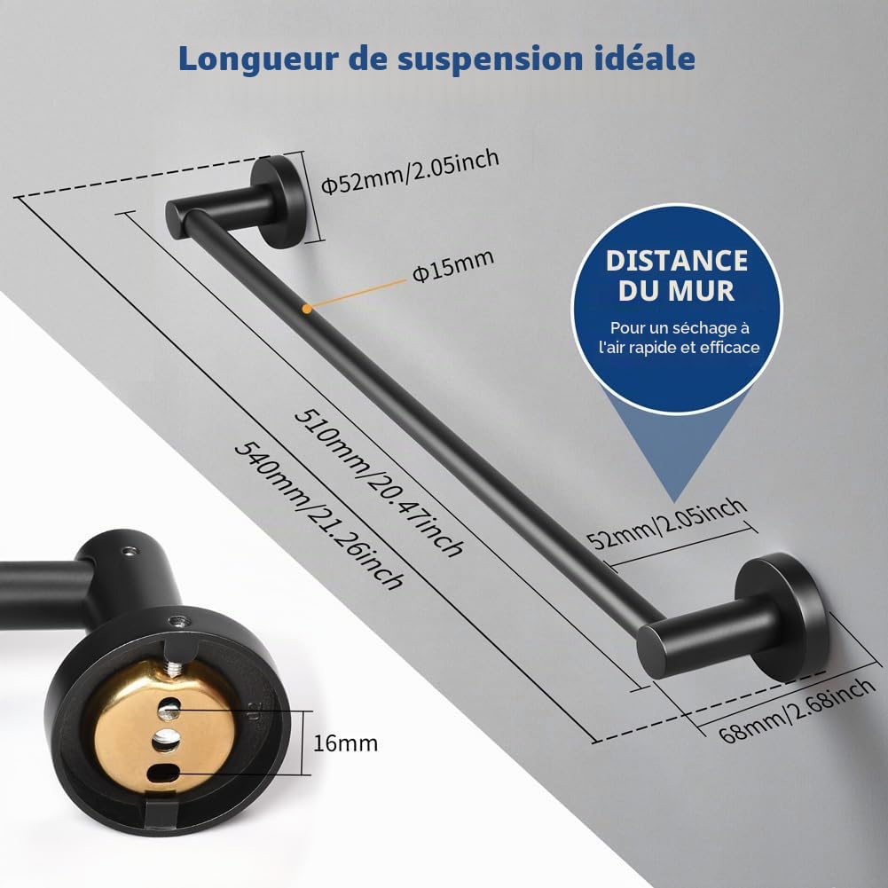 B39812K-50 Porte-serviettes mural rond pour salle de bain, cuisine ou chambre à coucher Noir mat 50 cm
