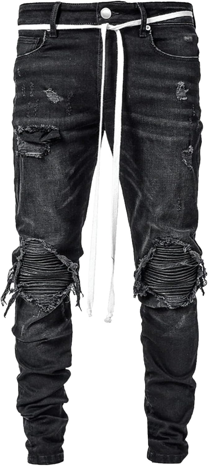Men Elastic Ripped Mopping Denim Pants Retro Raw Edge Motorcycle Straight Jeans Y2K Mid Waist Casual Bike Trousers