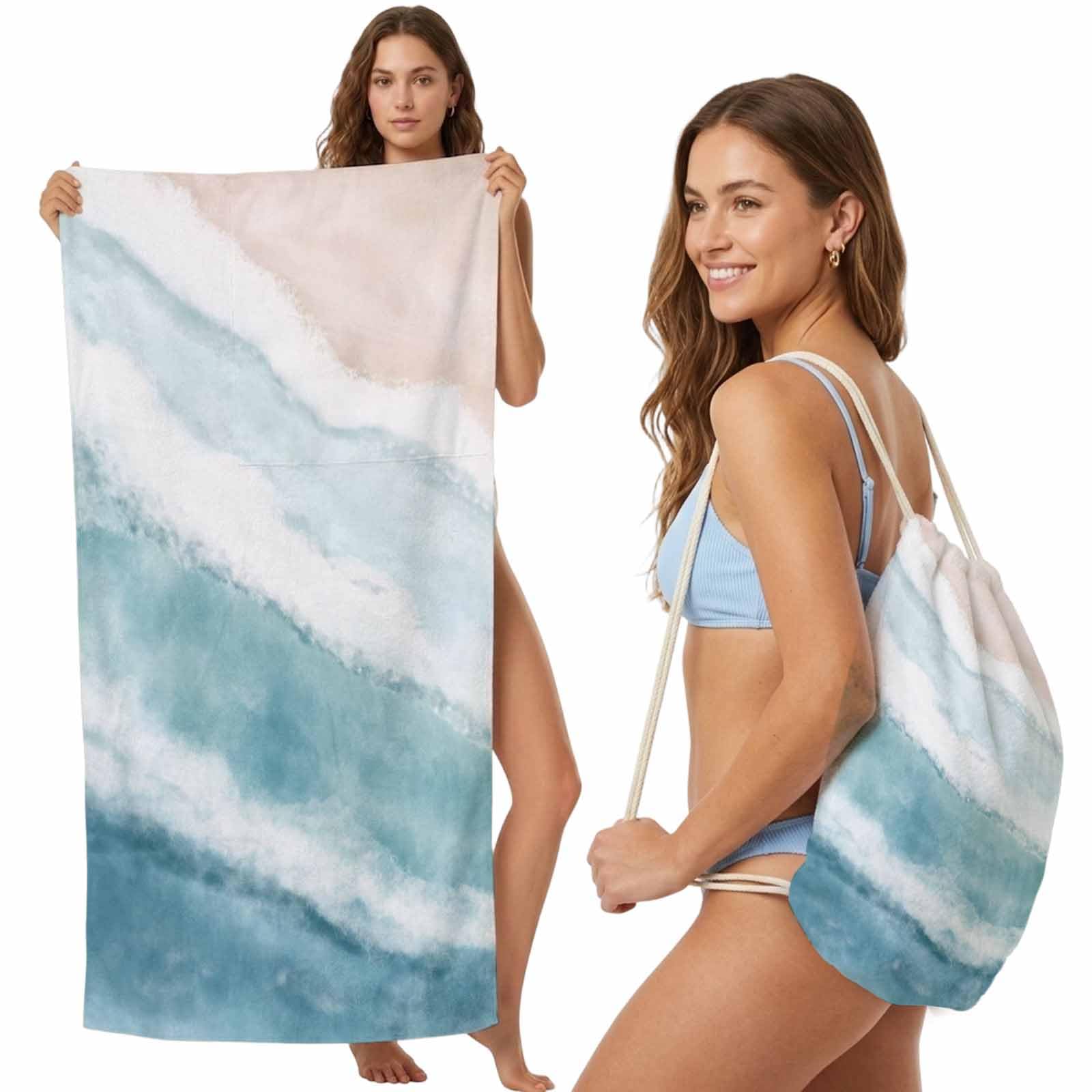 Beach Towel Bag 2 in 1 Teal Blue Waves Bath Pool Towels Backpack Gradient Summer Sandy Beach Absorbent Beach Towel Soft Quick Dry Lightweight Towels Drawstring Bag for Travel Camping Sports Picnic