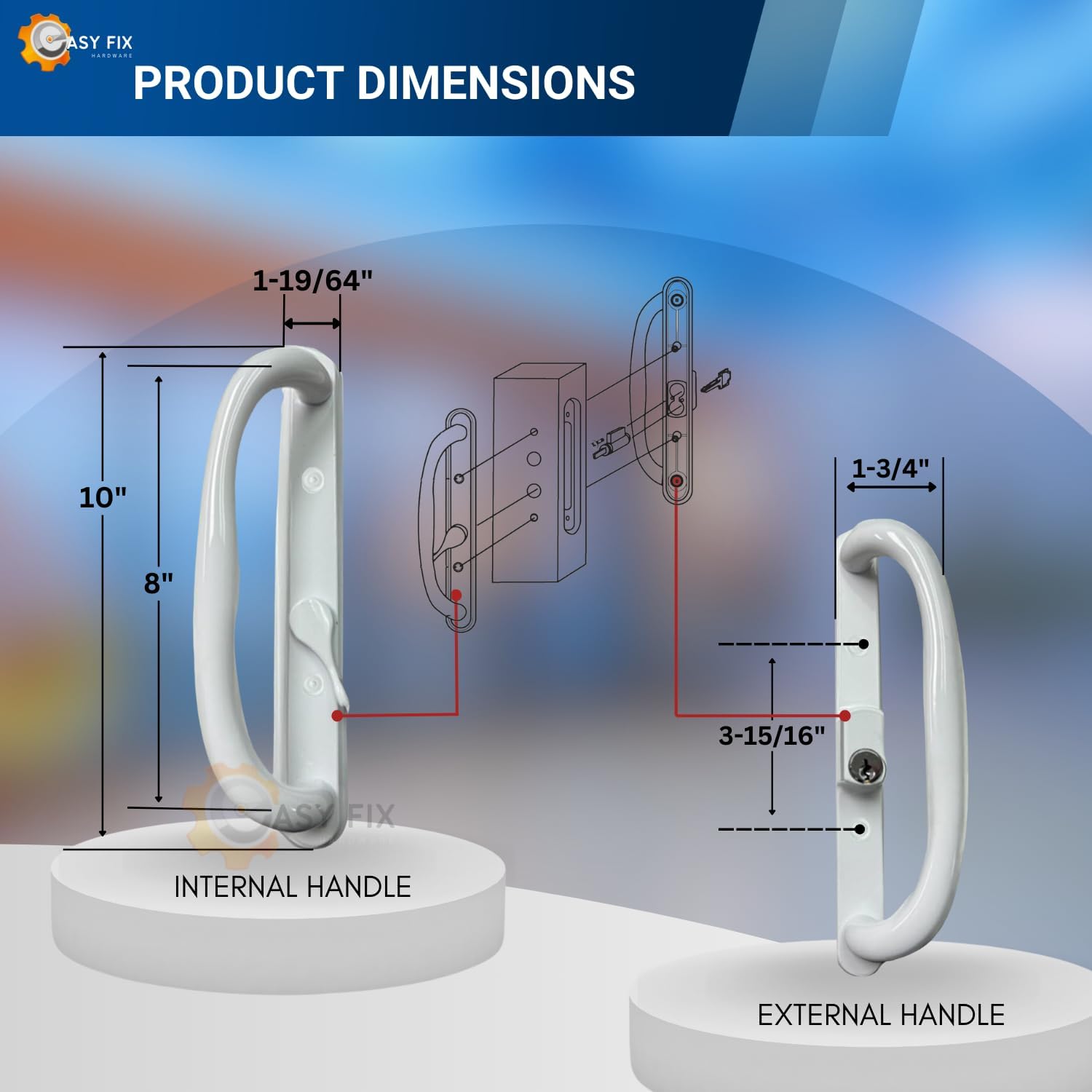 10" Olympus Sliding Patio Glass Door White Offset Pull Handle Set Replacement with Keys fits 3 ¹⁵/₁₆ inches Hole Spacing, and 1-1/4" to 2-1/4" Door Thickness