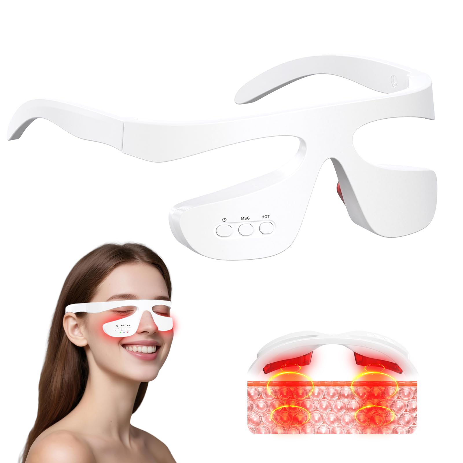 Rotlichttherapie-Brille für Unteraugen, Augenmassagegerät zur Linderung von Augenbeutel, Reduzierung von Augenringen und Schwellungen, Glättung feiner Linien mit Mikrostrom, Rotlicht & Wärme