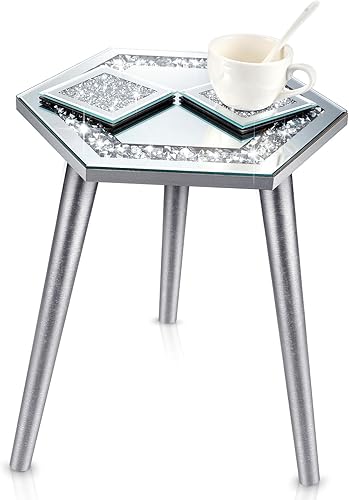 Mesa auxiliar con espejo con posavasos de cristal, moderna mesa de acento plateada brillante, posavasos de cristal triturado con diamantes