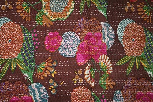 Fruit Print Cotton Kantha Quilt Bedspreads Throw Blanket Floral Boho Bedspread Bohemian Bedding Indian Handmade Kantha Quilt Patch Work Bed Cover (Queen 90 X 108 Inch, Maroon)