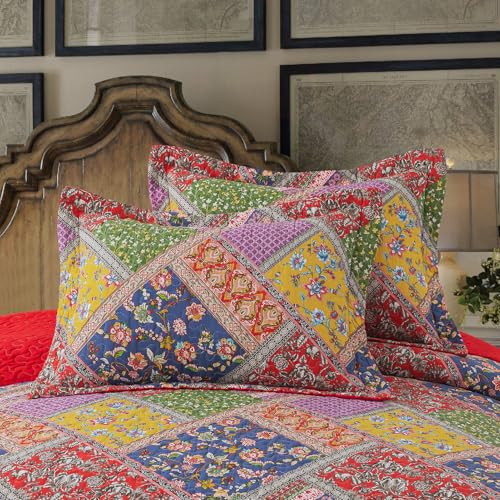 BEDIFANY Cotton Queen Quilt Set - Vintage Farmhouse Bedspread with Vibrant Floral Pattern, 3-Piece Lightweight Coverlet (90x98 Inch) + 2 Pillow Shams, All Seasons Multicolor Quilt Bedding Set
