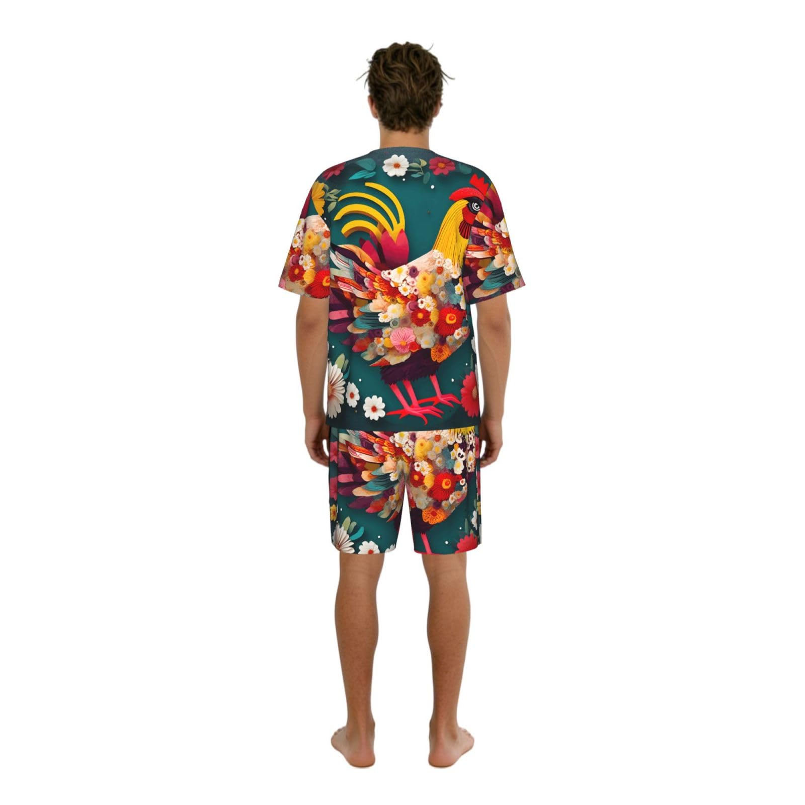 Conjunto de pijama clásico con estampado de pollo y corazón de flores, pantalones cortos de pijama suaves para hombre, perfecto para las noches de verano
