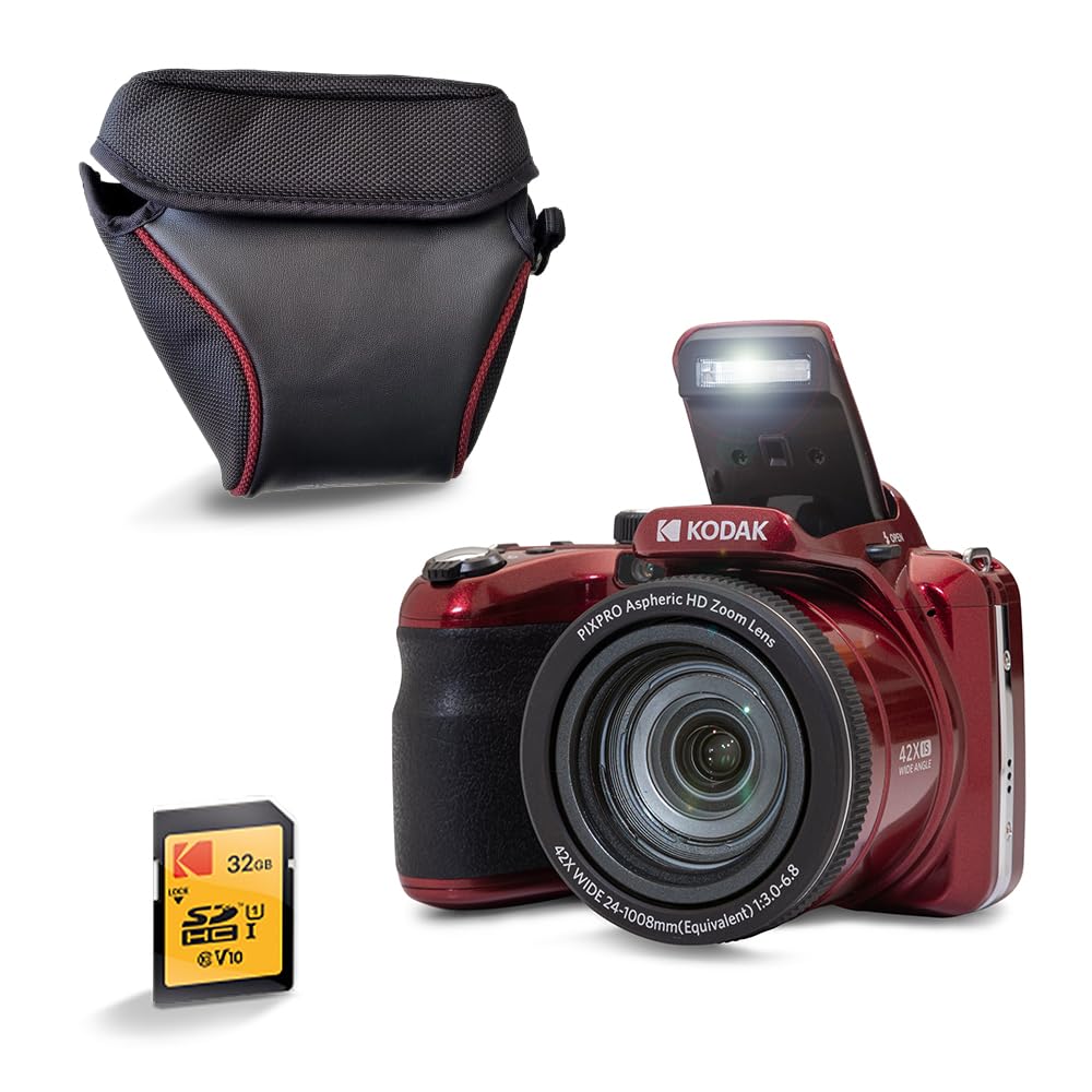 KODAK Pixpro AZ425 - Fotocamera Bridge da 20 MP con zoom ottico 42x + custodia protettiva + scheda SD da 32 GB - video Full HD 1080p, grandangolo 24 mm, stabilizzatore, schermo LCD da 3" - rosso