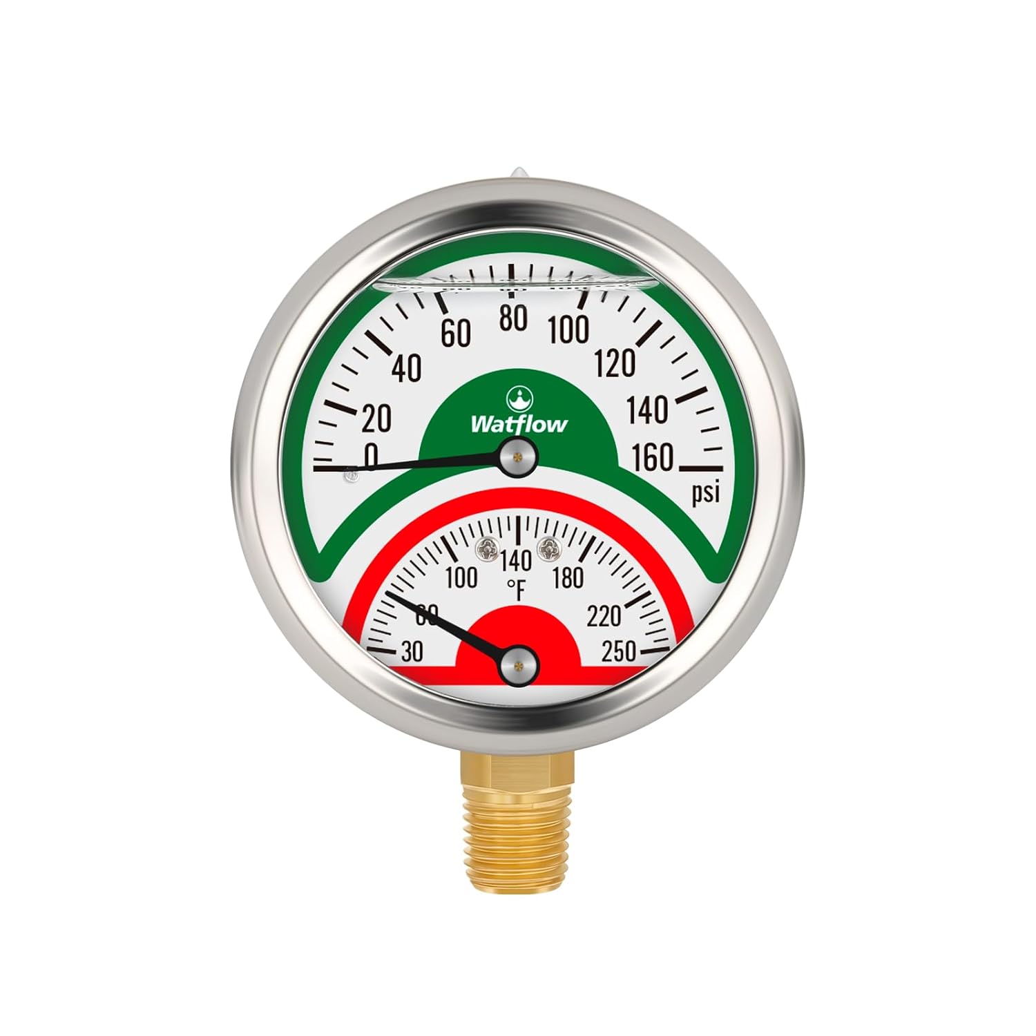 Watflow 2-1/2" Tridicator, Thermo-Manometer, Silicone Oil Filled, 0-160psi/30-250 deg F, 1/4" NPT Lower Mount Pressure Gauge with 304SS Case,