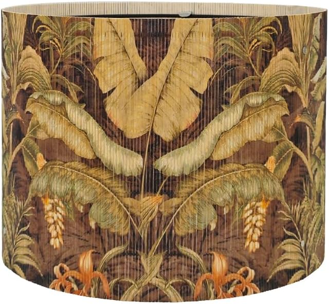 Bamboo Lampshade, Cylindrical, Translucent Bucket Design, Tropical Green Plants Pattern, 11.8x9.05 Inch, Foldable, Art Deco, Rustic Elegant, For Floor and Desk Lamps (Tropical Leaf A)