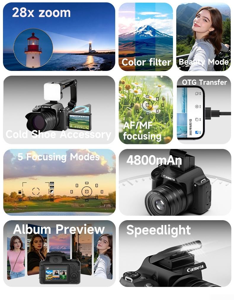 Cámara digital de 68 MP, con zoom digital de 28X y grabación de video 4K, pantalla abatible de 2.8 pulgadas de 180° para vlogging, selfies y fotografía de viajes (C)