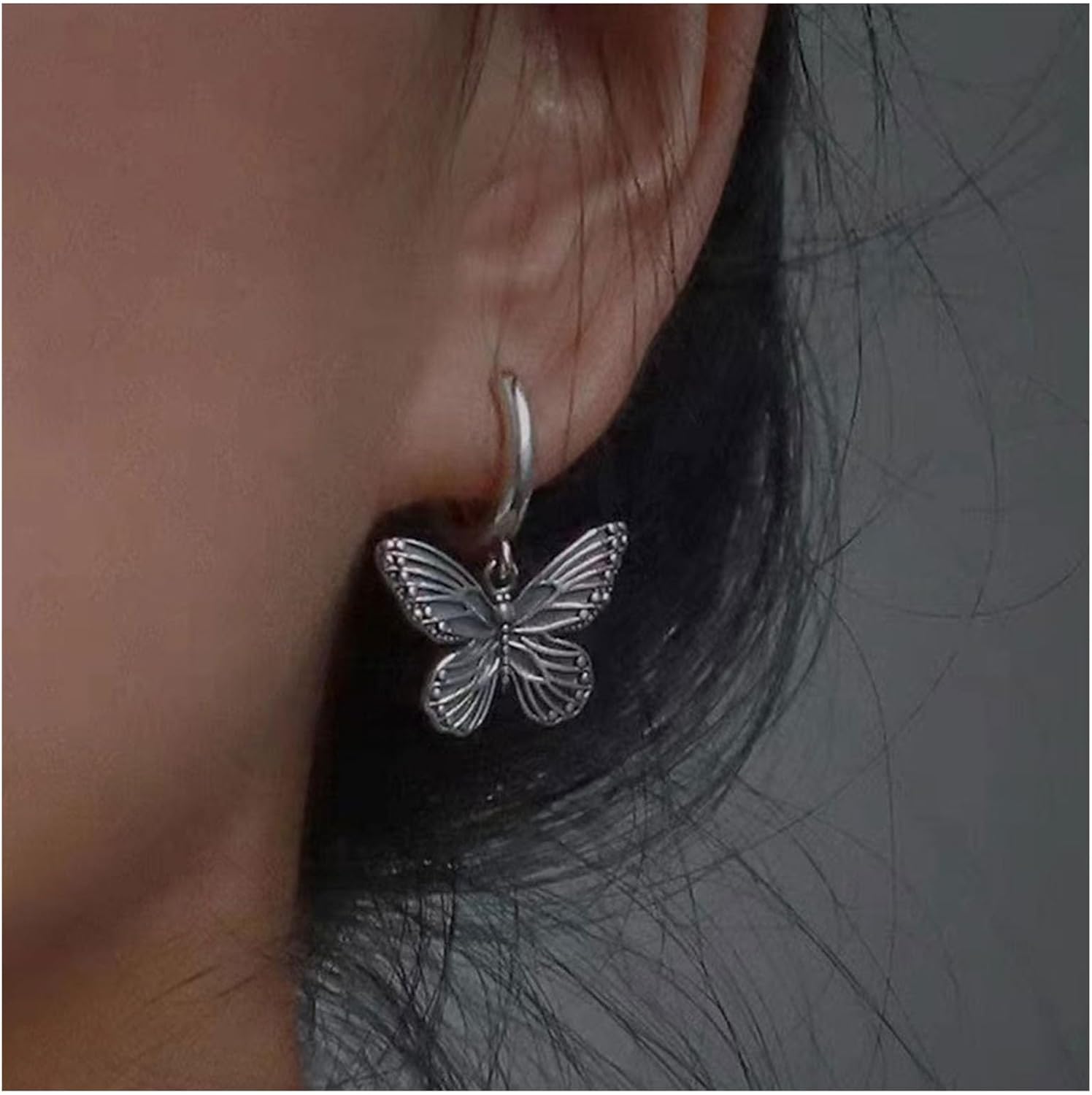 Andelaisi Boho Butterfly Hoop Earrings Vintage 3D Butterfly Earrings Silver Butterfly Huggie Earrings Personalized Butterfly Dangle Earrings Jewelry for Women - Image 2