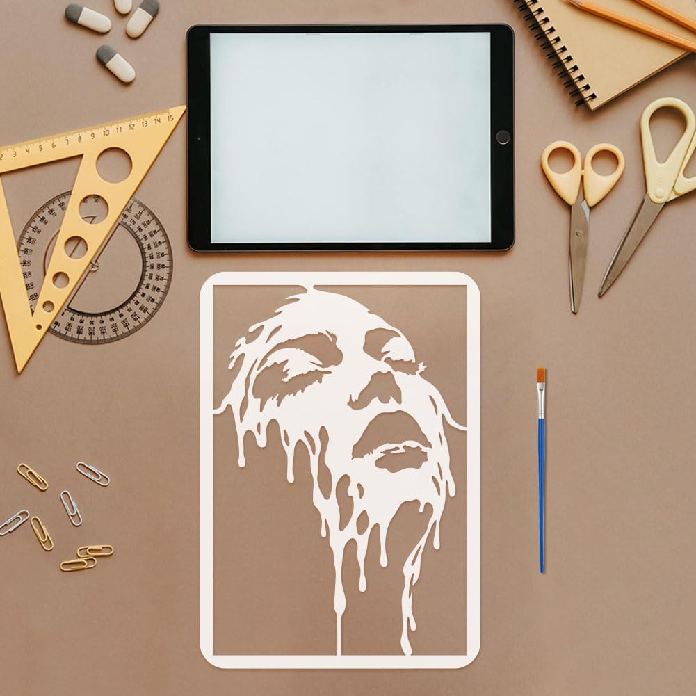 FINGERINSPIRE Melted Facial Features Stencils with a Brush 11.7x8.3Inch Woman Face Painting Stencils Artistic Face Stencil PET Human Themes PET Template for Painting on Wood Floor Tile Wall DIY