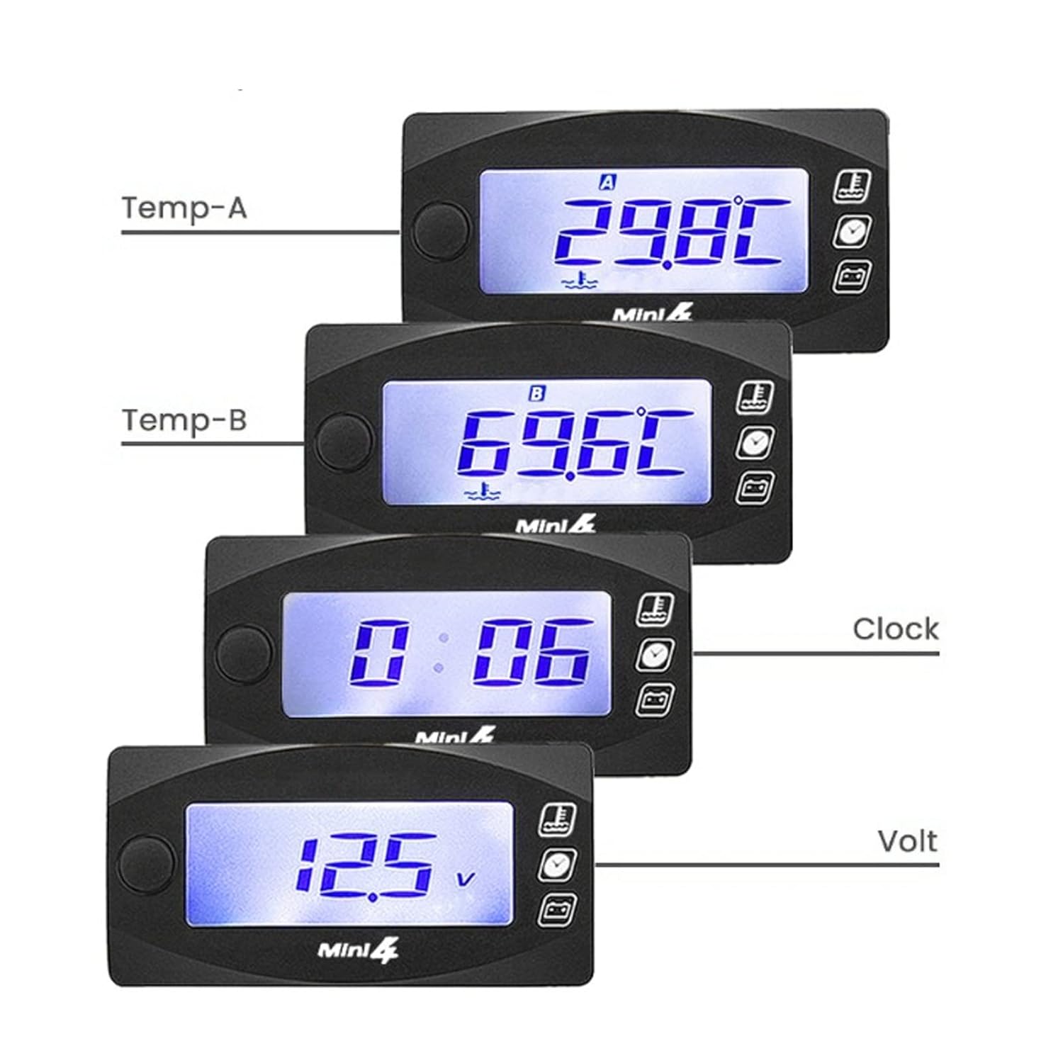 4-in Motorcycle Voltage & Temperature with Blue Backlight—DC 12V Universal Meter for Oil Temp Time Monitoring—M12x1.5 Sensor Fit for Motorbike ATV Scooter (#1)