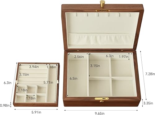 Miniatura 2 de Joyero de madera de nogal negro sólido con forro de terciopelo, caja personalizada para anillos y collares para mujeres y niñas, cerradura y asa de