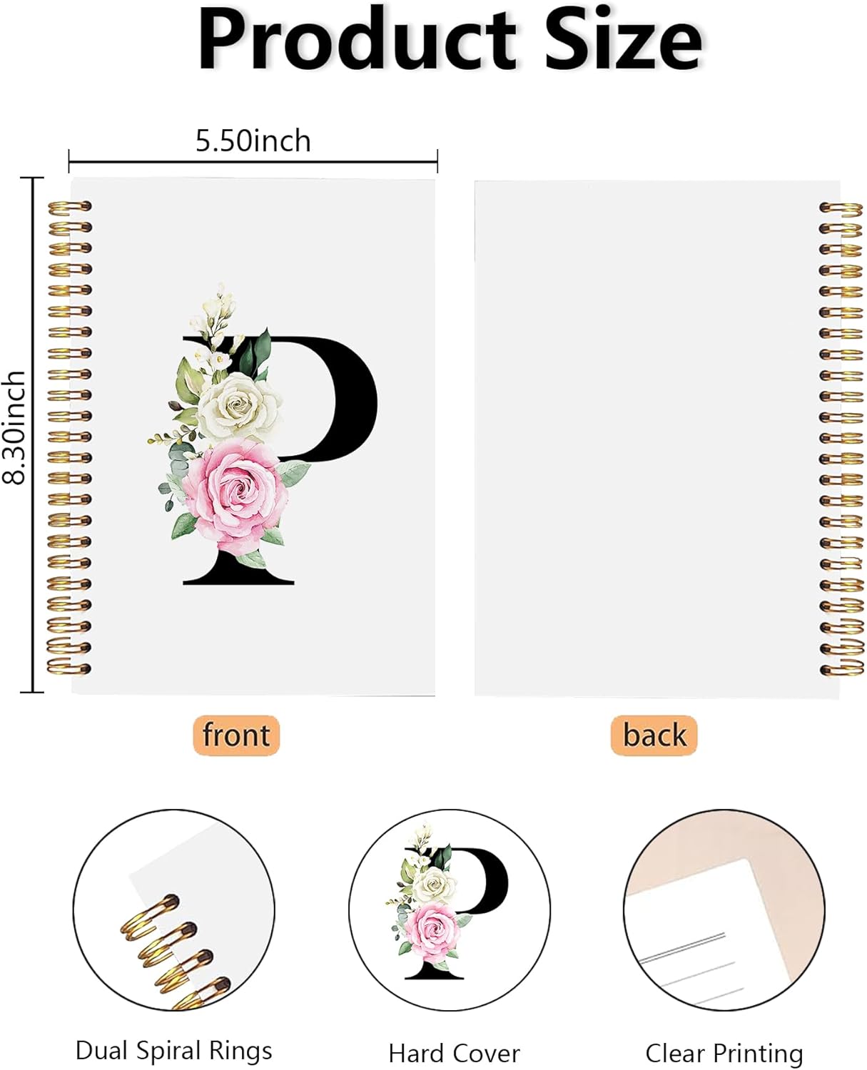 Floral Monogrammed P Spiral Notebooks – Initial Letter P Hardcover Journals, Cute Custom Hardcover Notebook Journal for Writing, Customized Monogram Personalized Gifts for Women/Girls/Teachers - Image 2
