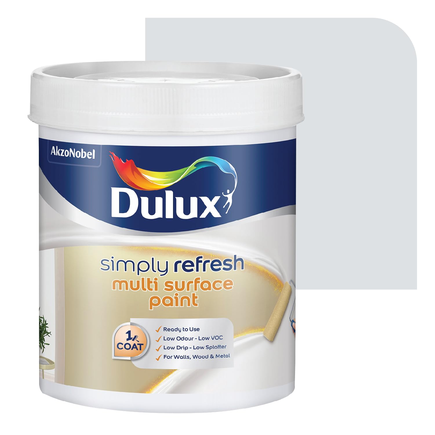 DuluxSimply Refresh DIY Multi Surface Paint Washable Coat, Low Drip Splatter with Soft Sheen Finish for Wall, Wood & Metal Surfaces - 1 L (MING DYNASTY WHITE)