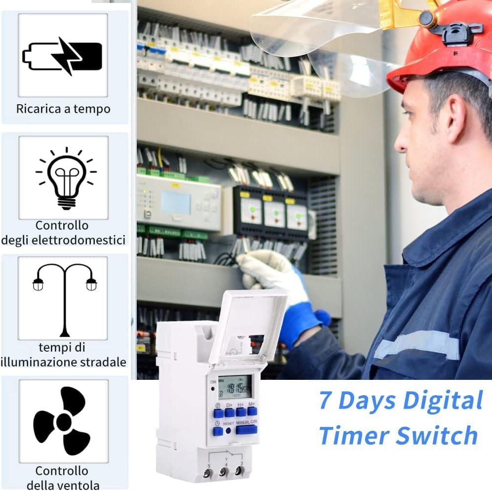 Close-up view of the DEWIN digital timer's control buttons and LCD screen.